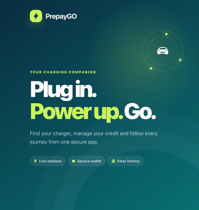 Preview of the PrepayGO website introducing its EV charging service and key features.