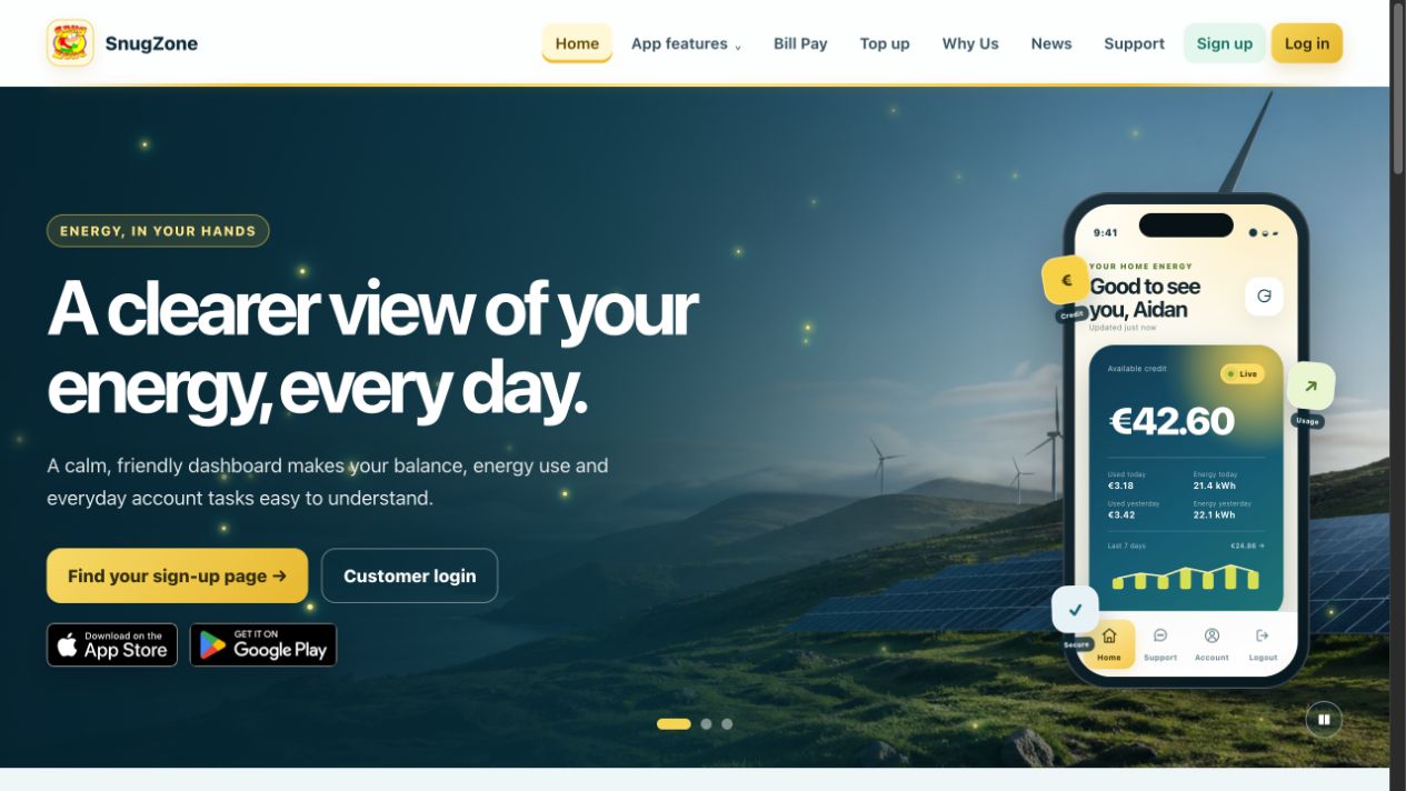 Preview of the SnugZone website showing its customer energy dashboard and navigation.