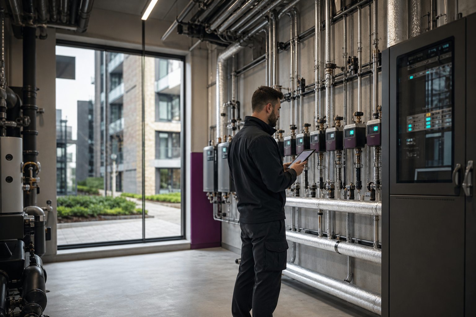 An engineer reviewing connected meters in a modern communal energy centre