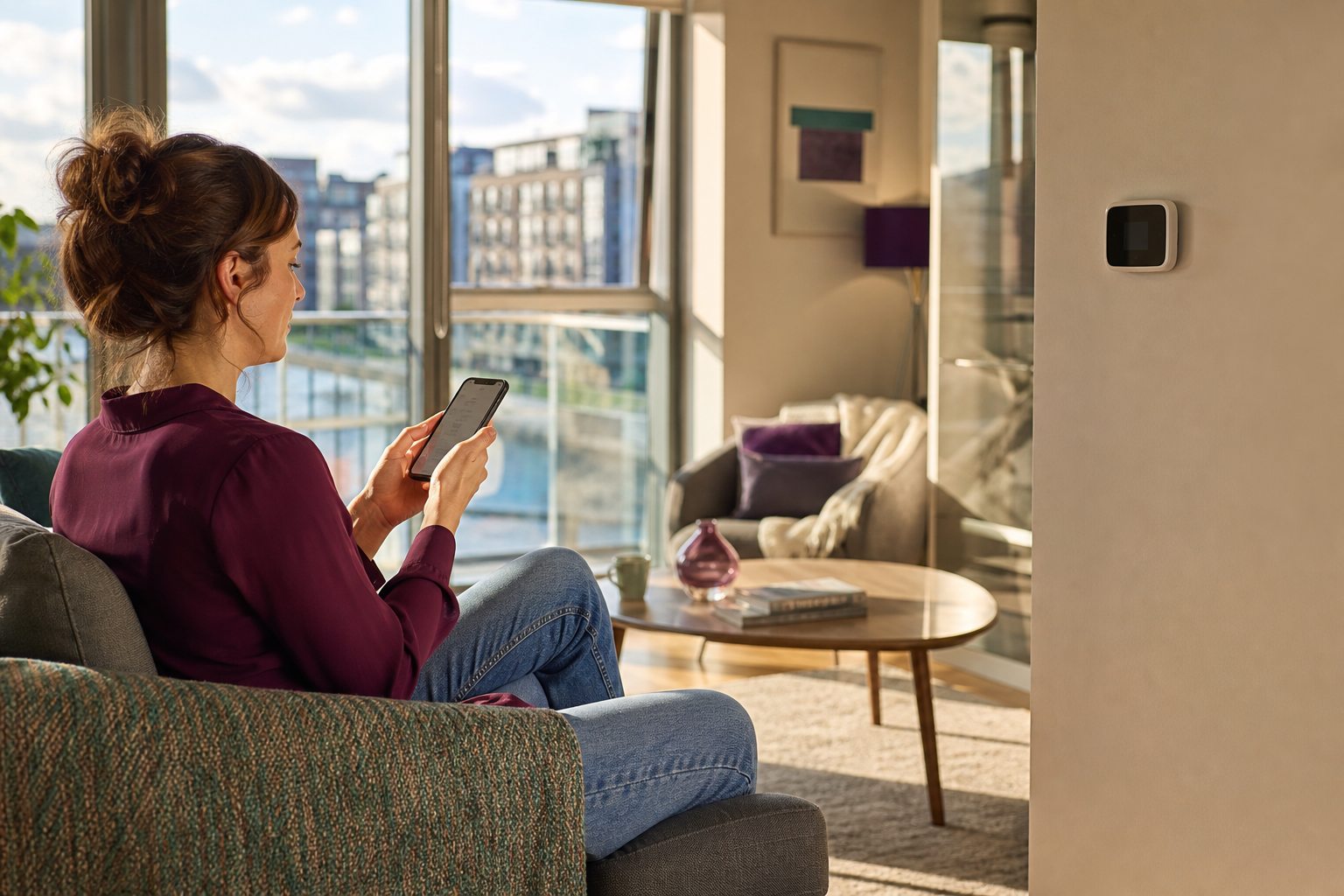 A resident accessing energy services from a smartphone at home